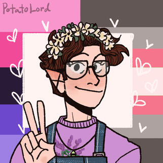 A picrew of Agapi. Short, dark hair; dark eyes; pointy ears; wearing a jumper with lavender flowers and overalls; wearing glasses, a flower crown and a green crystal necklace; smiling and doing a peace sign. Split background: omni and demigirl pride flags.